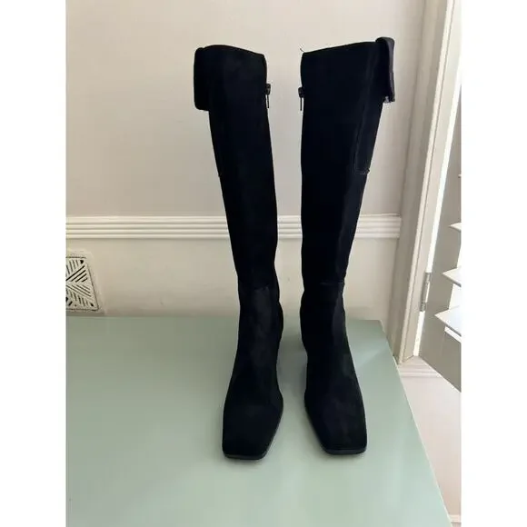 YVES SAINT LAURENT VTG Square Toe Black Suede Knee Boots Block Heels Sz 7.5 YSL - Picture 3 of 16